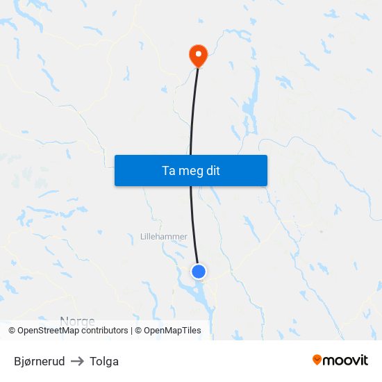 Bjørnerud to Tolga map