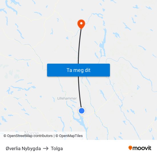 Øverlia Nybygda to Tolga map