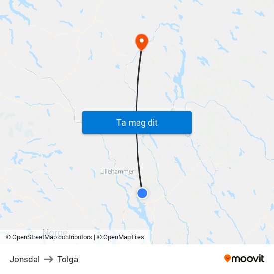 Jonsdal to Tolga map