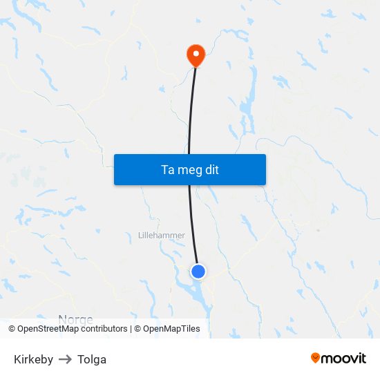 Kirkeby to Tolga map