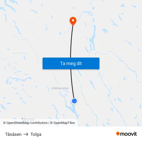 Tåsåsen to Tolga map