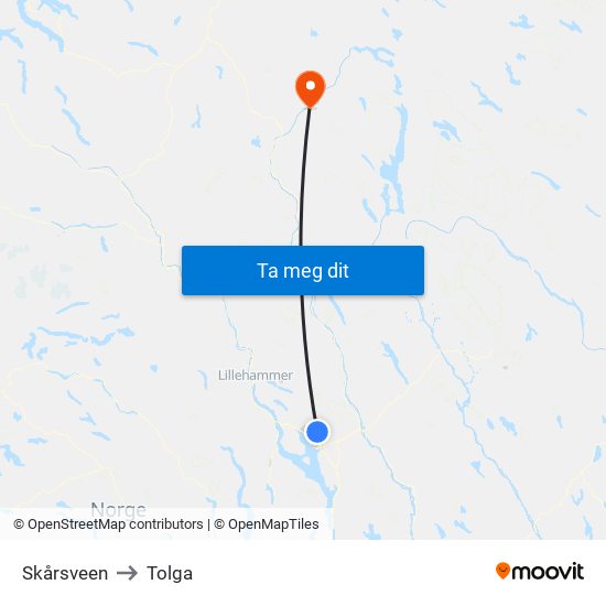 Skårsveen to Tolga map