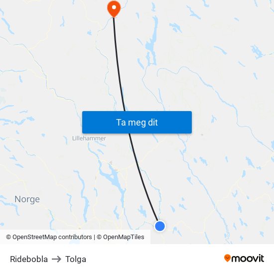 Ridebobla to Tolga map