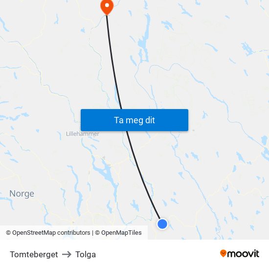 Tomteberget to Tolga map