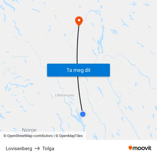 Lovisenberg to Tolga map