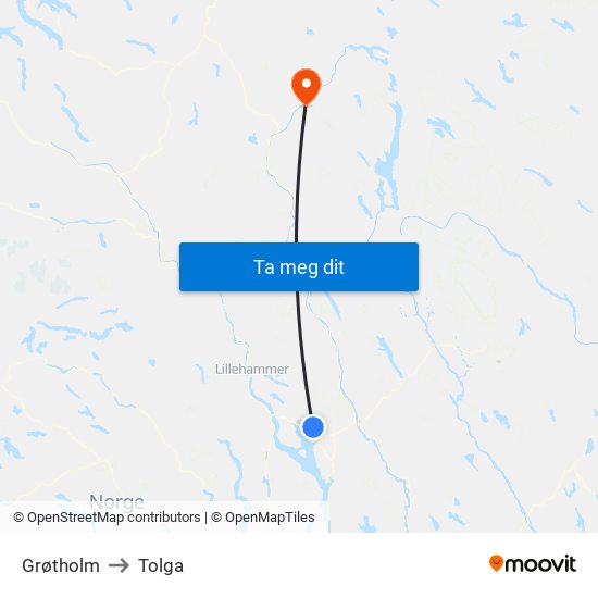 Grøtholm to Tolga map