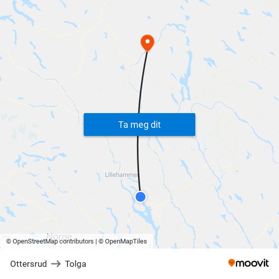 Ottersrud to Tolga map