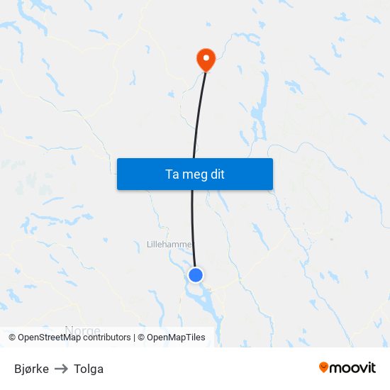 Bjørke to Tolga map