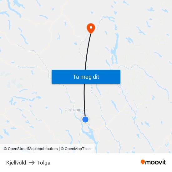 Kjellvold to Tolga map