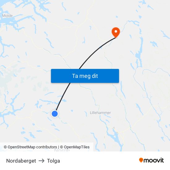Nordaberget to Tolga map
