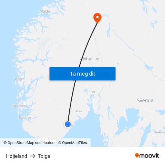 Høljeland to Tolga map