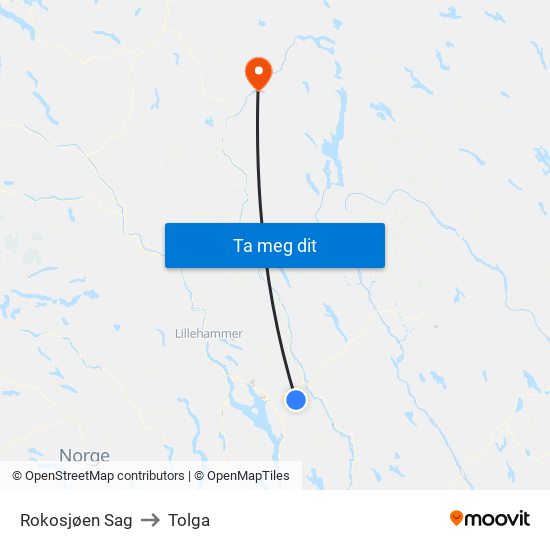 Rokosjøen Sag to Tolga map