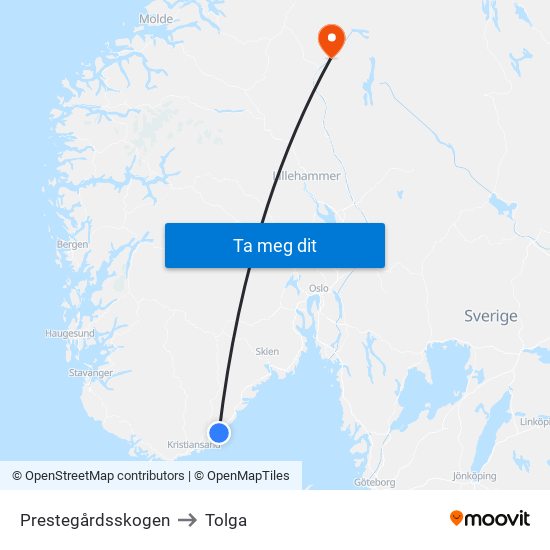 Prestegårdsskogen to Tolga map