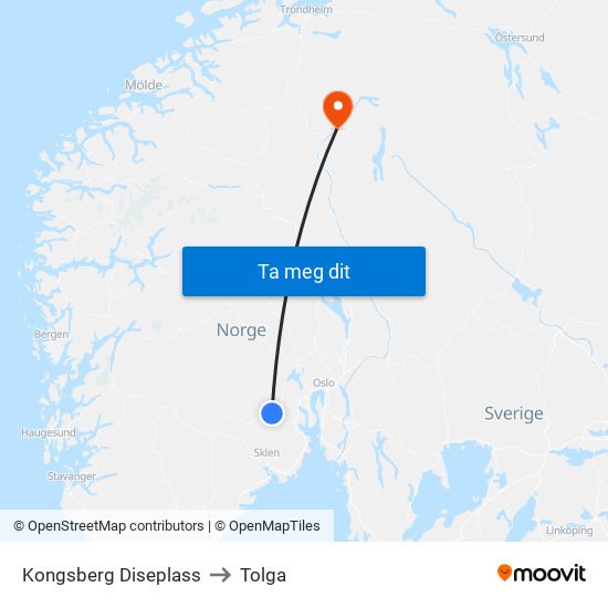 Kongsberg Diseplass to Tolga map