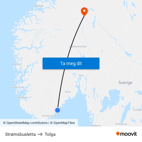 Strømsbusletta to Tolga map