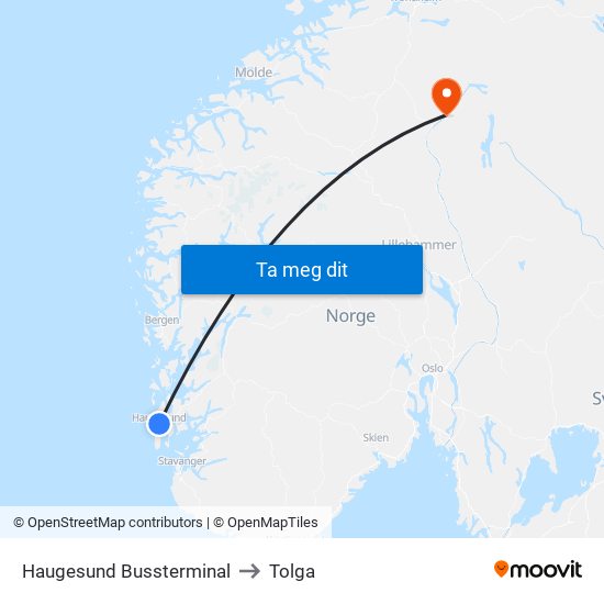 Haugesund Bussterminal to Tolga map