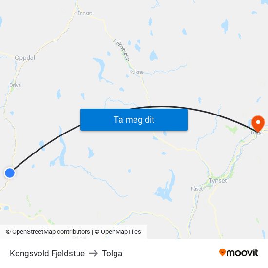 Kongsvold Fjeldstue to Tolga map