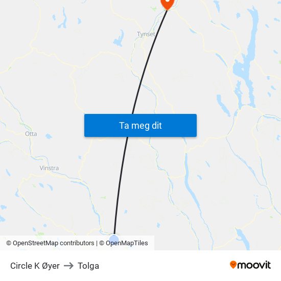 Circle K Øyer to Tolga map