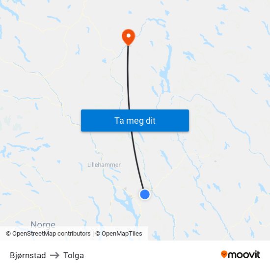 Bjørnstad to Tolga map