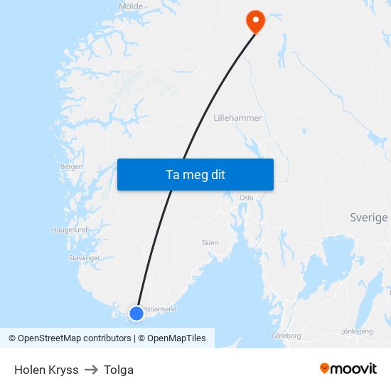 Holen Kryss to Tolga map