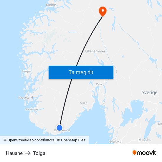 Hauane to Tolga map