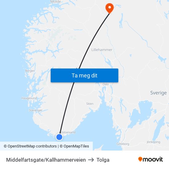 Middelfartsgate/Kallhammerveien to Tolga map