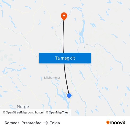 Romedal Prestegård to Tolga map