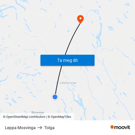 Leppa Mosvinga to Tolga map