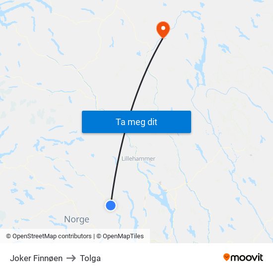 Joker Finnøen to Tolga map