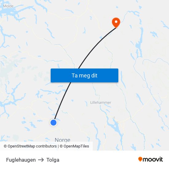 Fuglehaugen to Tolga map