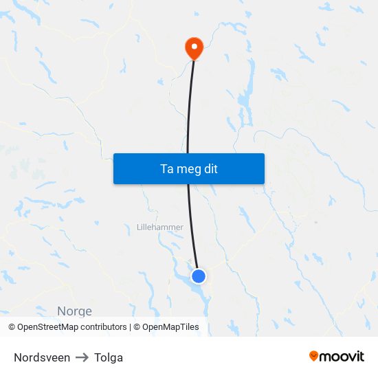Nordsveen to Tolga map