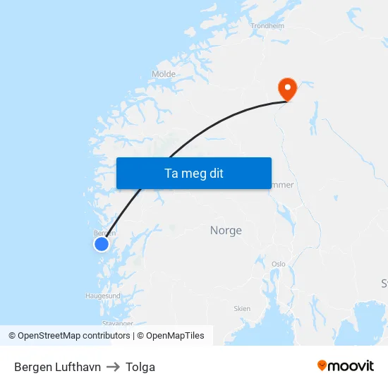 Bergen Lufthavn to Tolga map