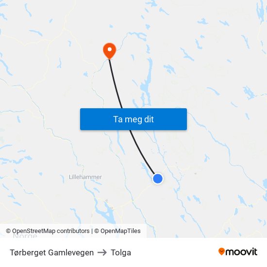 Tørberget Gamlevegen to Tolga map