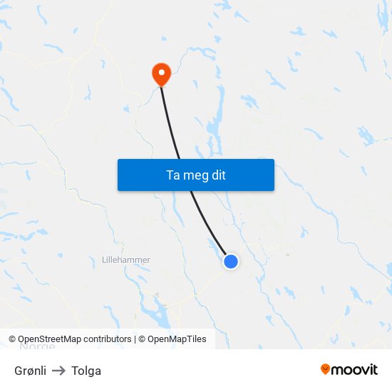Grønli to Tolga map