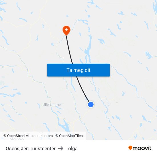 Osensjøen Turistsenter to Tolga map