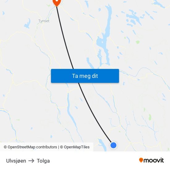 Ulvsjøen to Tolga map