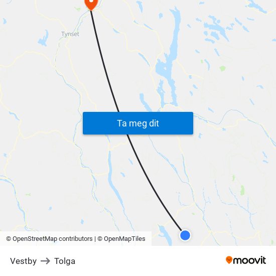 Vestby to Tolga map