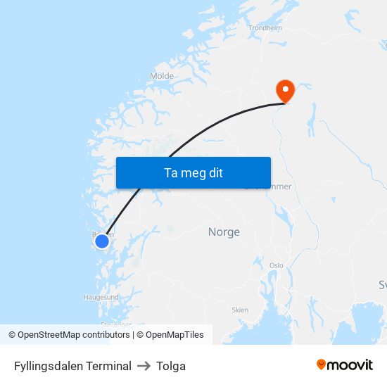 Fyllingsdalen Terminal to Tolga map