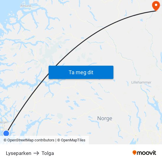 Lyseparken to Tolga map