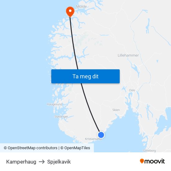 Kamperhaug to Spjelkavik map