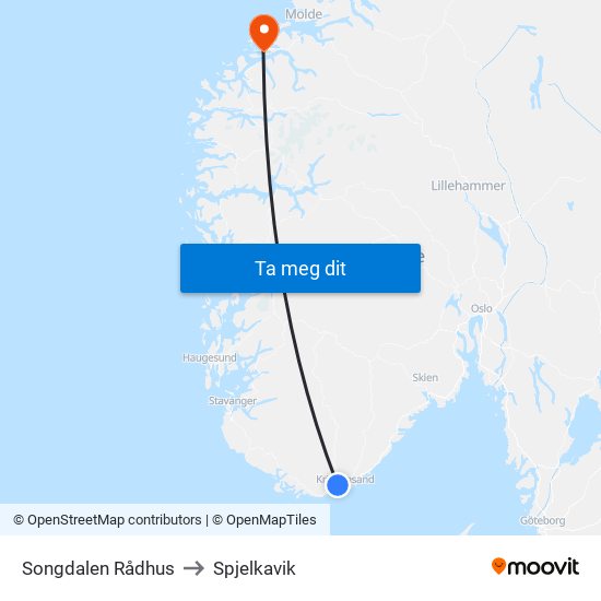 Songdalen Rådhus to Spjelkavik map