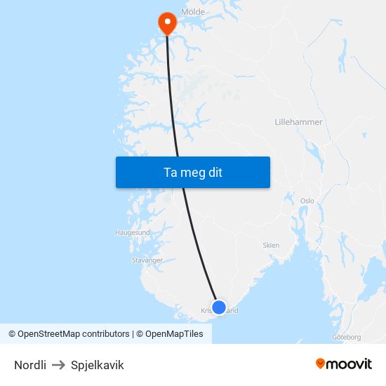 Nordli to Spjelkavik map