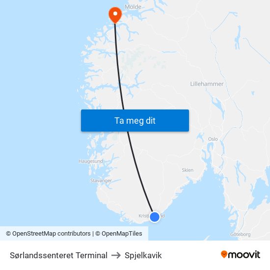 Sørlandssenteret Terminal to Spjelkavik map