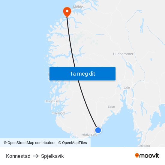 Konnestad to Spjelkavik map