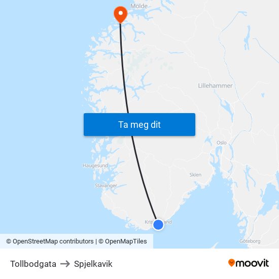 Tollbodgata to Spjelkavik map