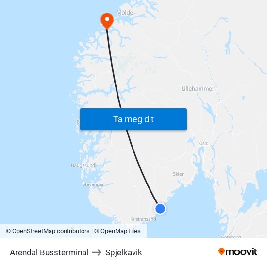 Arendal Bussterminal to Spjelkavik map