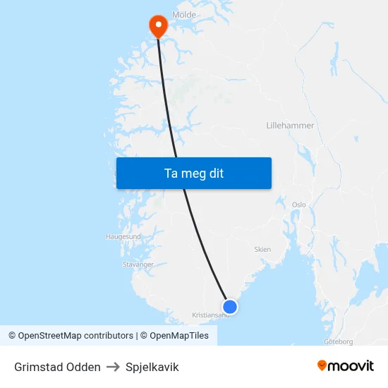 Grimstad Odden to Spjelkavik map