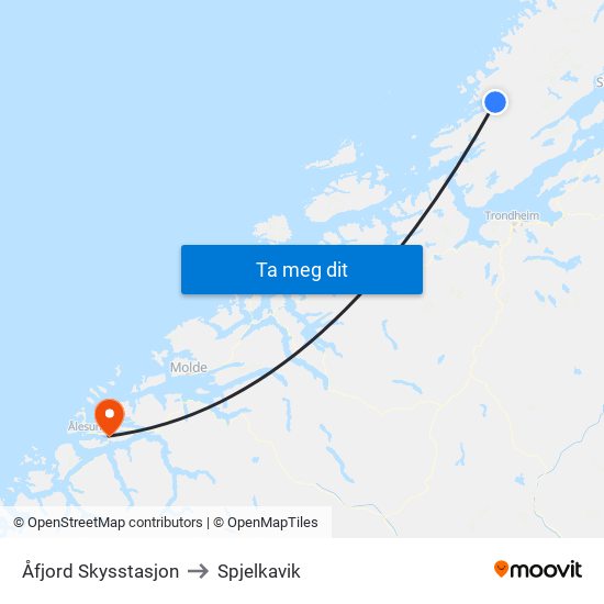 Åfjord Skysstasjon to Spjelkavik map