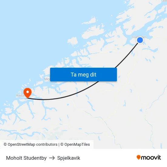 Moholt Studentby to Spjelkavik map
