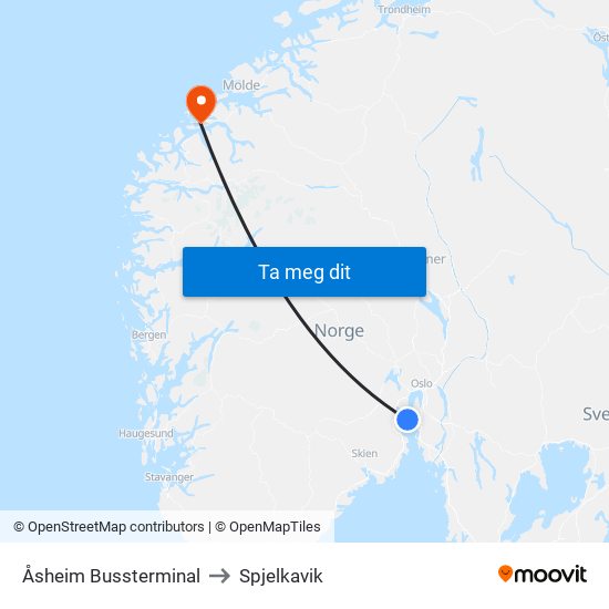 Åsheim Bussterminal to Spjelkavik map